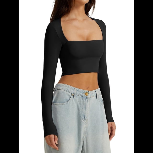 Top Corto Básico Informal Ajustado con Doble Forro, Cuello Cuadrado y Larga para Mujer Negro M