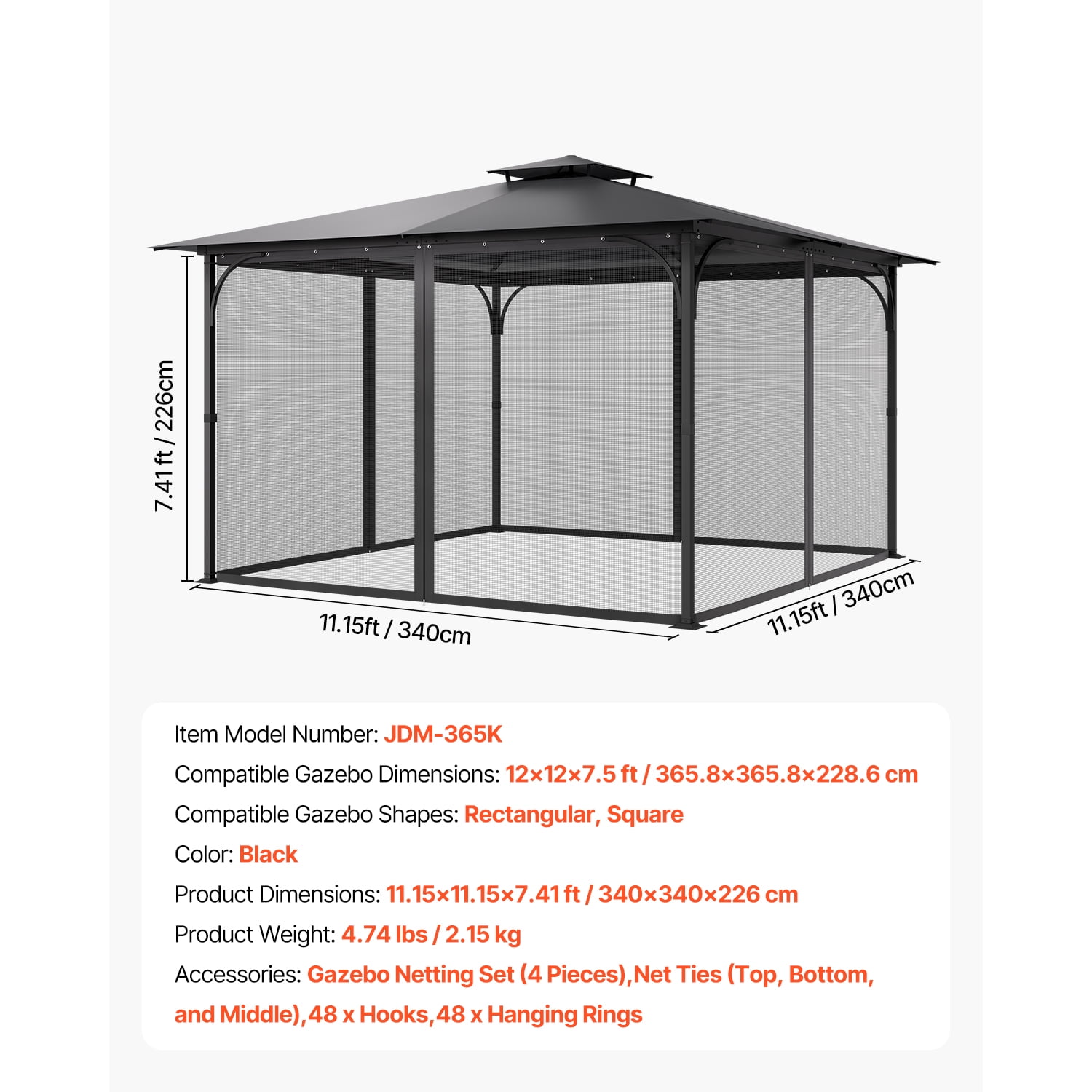 KFFKFF Gazebo Netting Replacement, Compatible with 12 x 12 x 7.5 FT Gazebo, Outdoor Mesh Sidewalls, 4-Panel Patio Screen with Double Zipper, Protective Canopy Netting for Gardens (Netting Only)