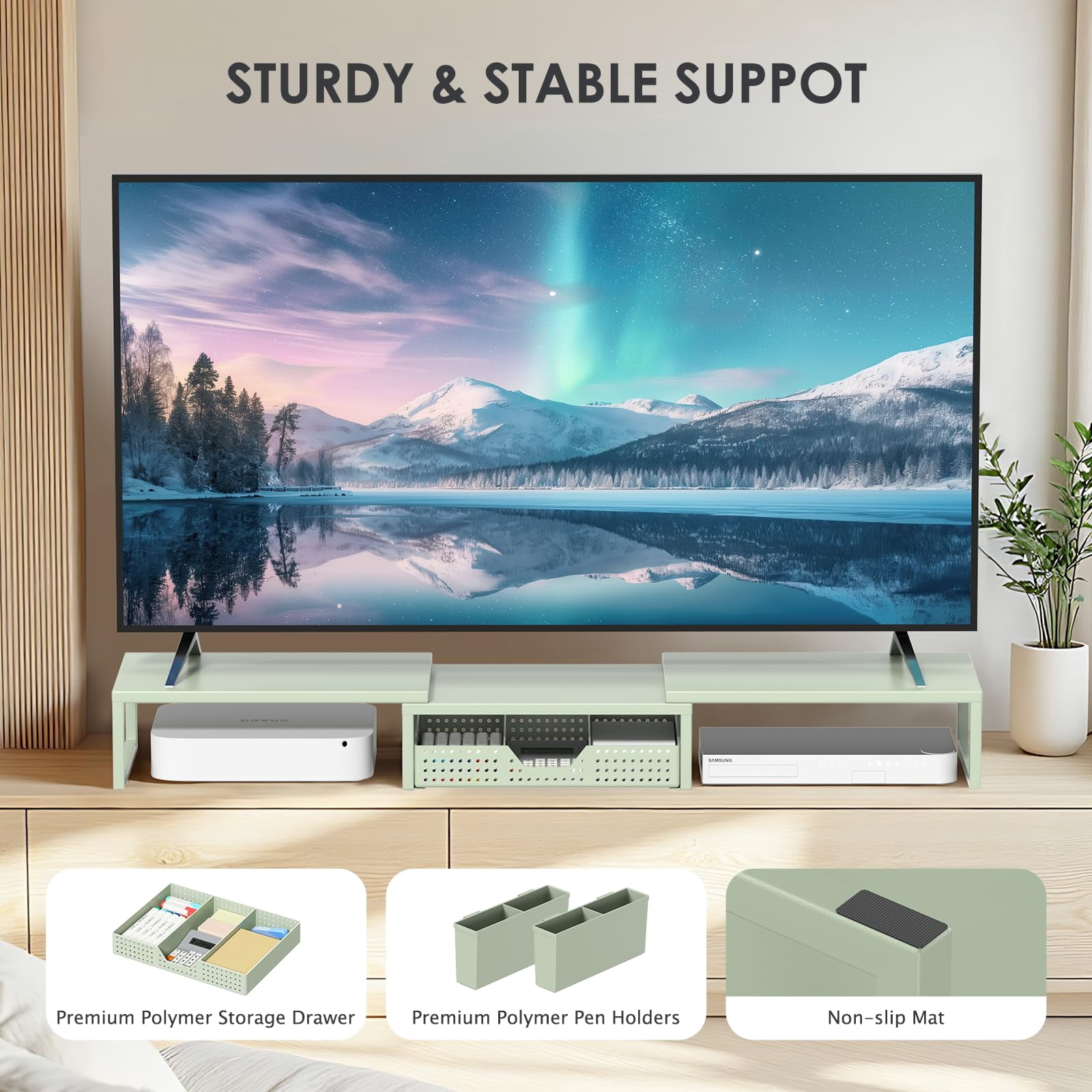 Desk Organizers And Accessories  Dual Monitor Stand Riser With Drawer 2 Pen Holders Shelf Metal Computer For Office Workspace Desktop Organization (green Metal)