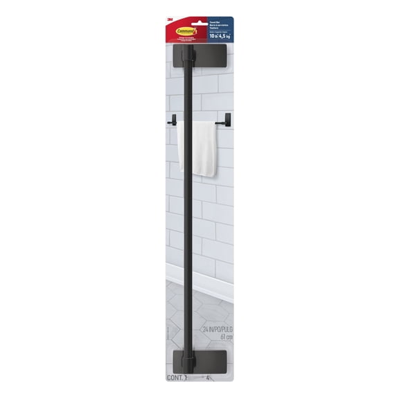 Command Bath Matte Black Towel Bar, Holds 10 lbs, 4 Large Strips