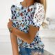 thumbnail image 2 of Mujeres Causal Mangas Cortas Cómodo Encaje Cuello Redondo Estampado Blusa Pullover Tops Camisa OAVQHLG3B Store lin121212, 2 of 5