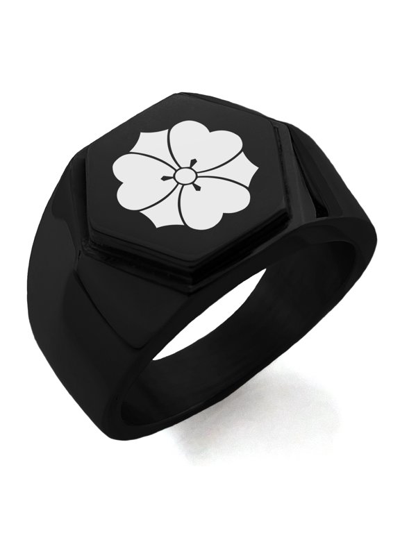 Stainless Steel Sakai Samurai Crest Engraved Hexagon Crest Flat Top Biker Style Polished Ring