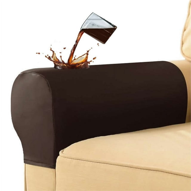 PU Leather Stretch Armrest Covers, Waterproof Arm Slipcovers with Twist Pins(2pcs,Brown)