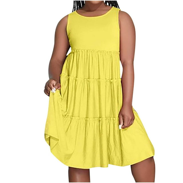 Robes d'Été 2023 Mode d'Été pour Femmes Couleur Unie Col Rond Sans Manches Plissé Pièce Mi-Longue Robe de Soirée Élégante Élégante en Liquidation