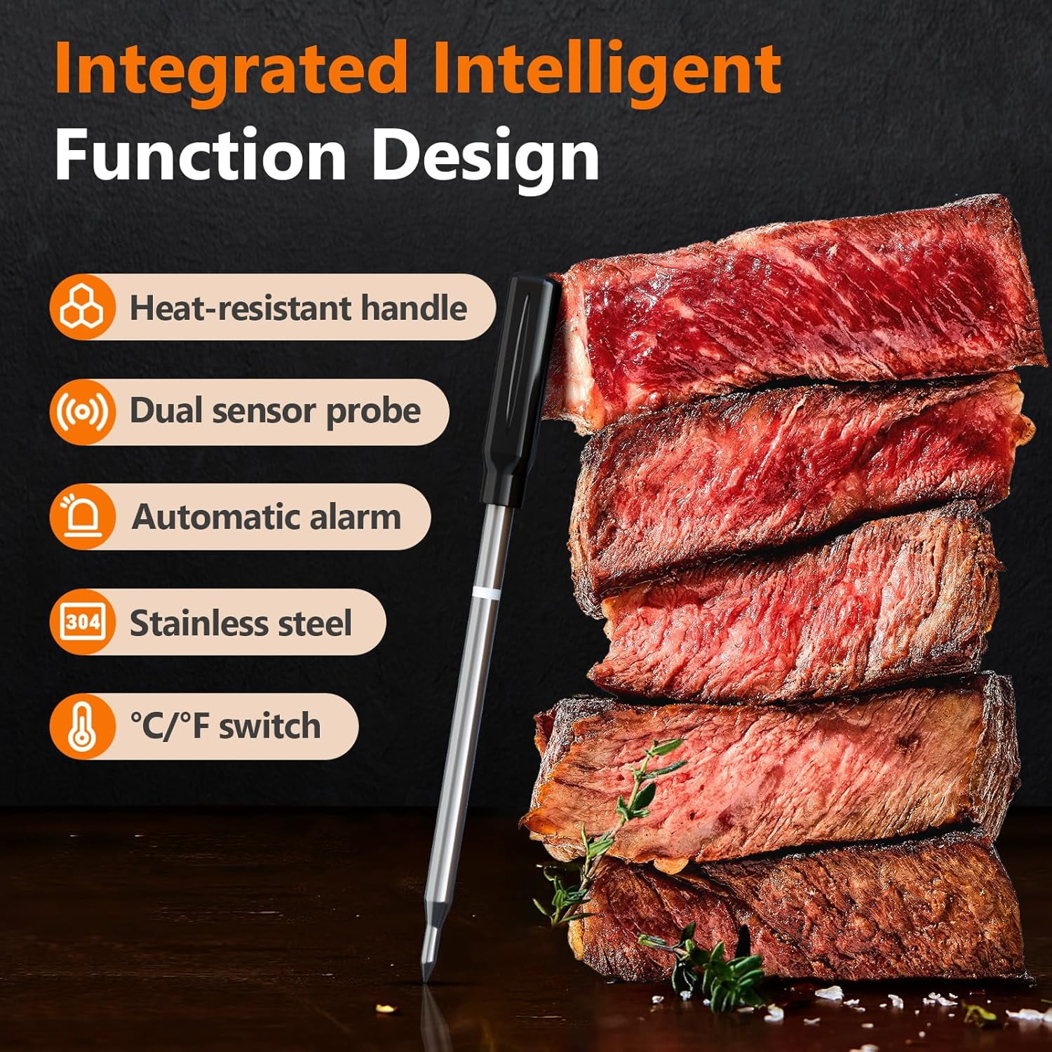Wireless Meat Thermometer with LCD Display & Phone Alerts,  Heatproof Handle for BBQ,  Grilling