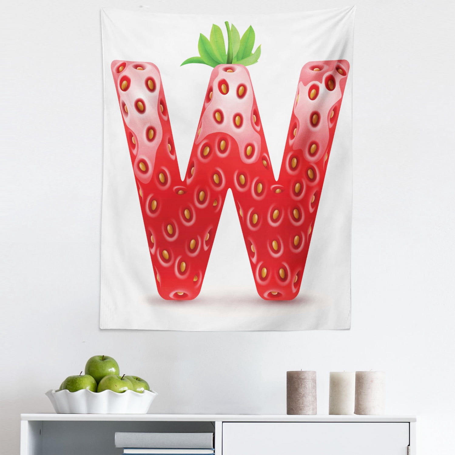 Letter W Tapestry, Capital W with Strawberry Green Leaves Harvest Yield ...