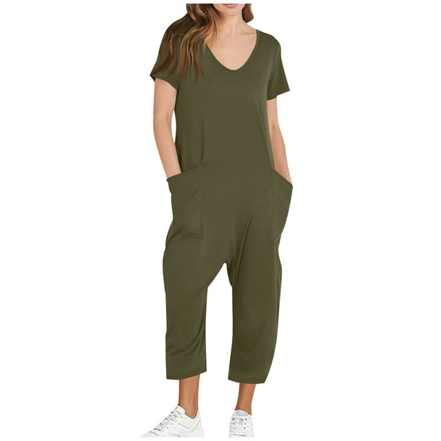 Yuyuzo Jumpsuits for Women Short Sleeve V Neck Rompers Wide Leg Cropped Pants Overalls with Pockets