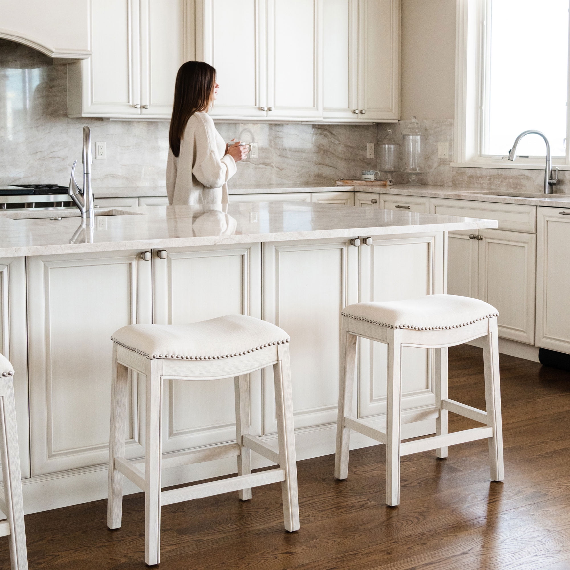 Open Box Maven Lane Adrien Saddle Bar Stool, White Oak, Counter Height (4 Pack)