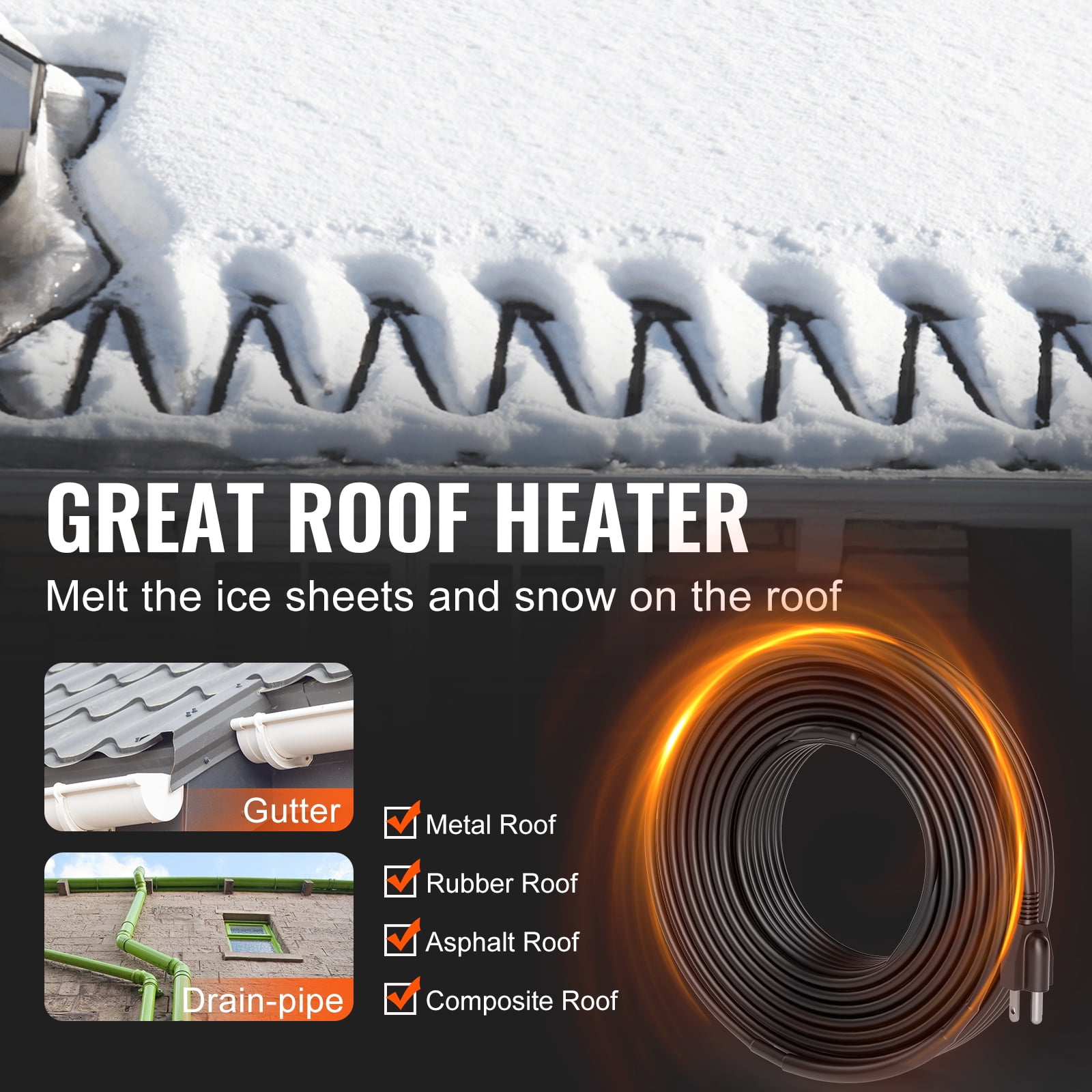 KFFKFF Self-Regulating Pipe Heating Cable, 80FT 5W/FT Heat Tape for Pipe Freeze Protection, Roof Snow Melting, and Gutter De-icing