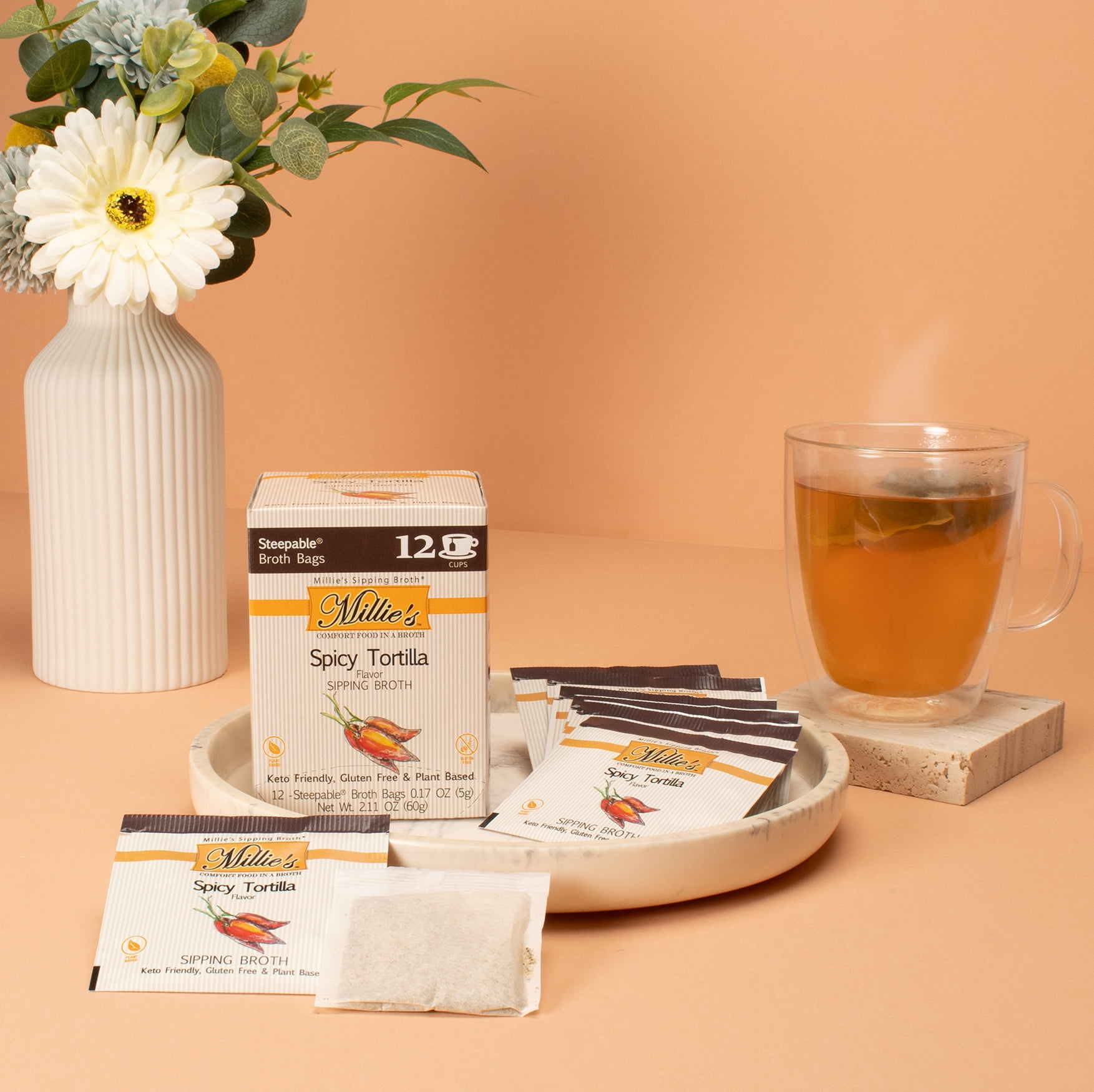 (6 pack) Millie's Sipping Broth, Steepable Broth Bags, Spicy Tortilla, 12 pack