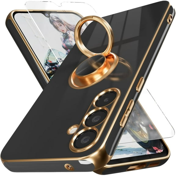 for Samsung Galaxy S23 FE Case, Screen Protector,with Magnetic Kickstand,Built-in 360° Rotation Ring Holder,Plating Gold Edge Slim Soft TPU Shockproof Protective Case for Galaxy S23 FE, Black