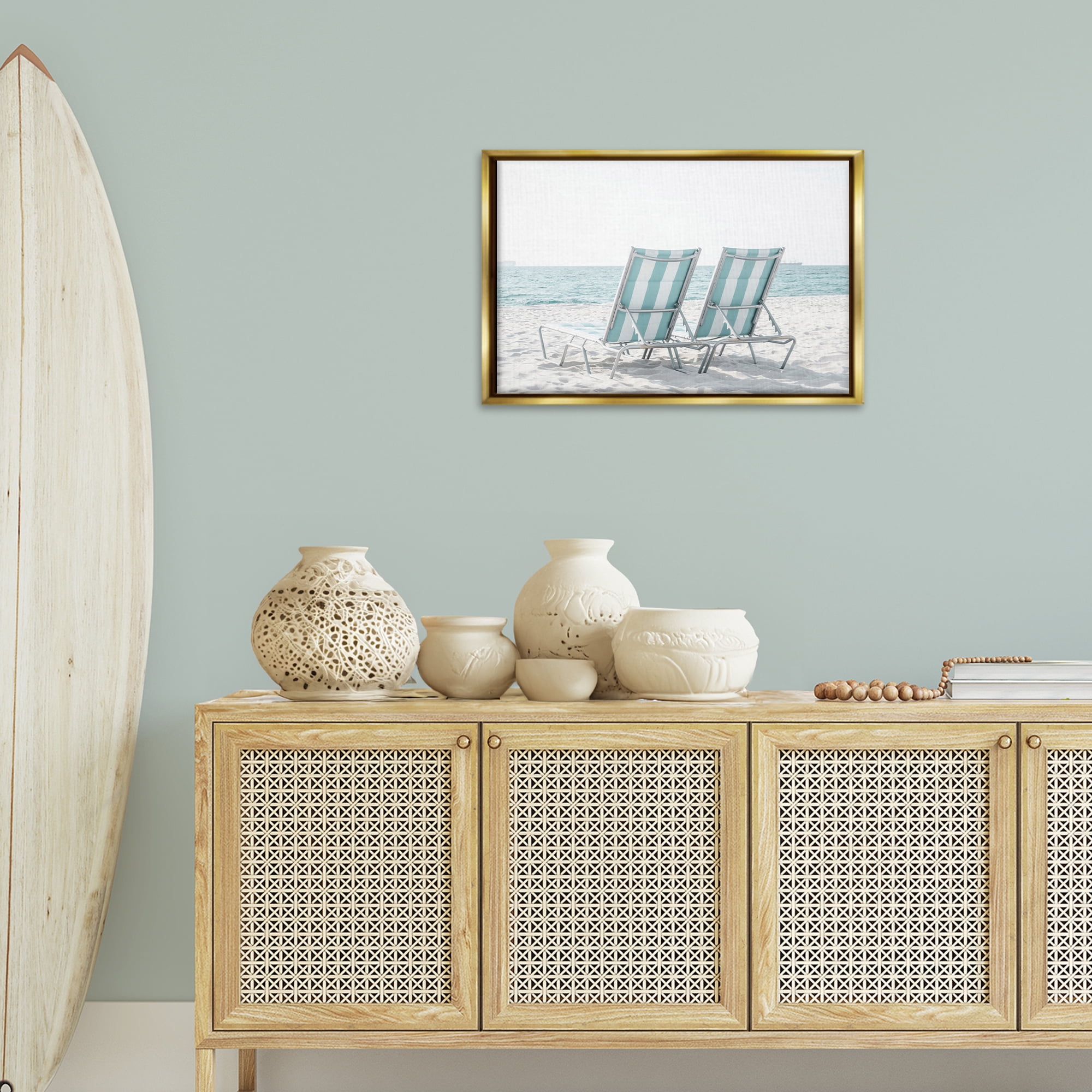 Stupell Industries Blue Beach Chairs Pair Nautical & Beach Photography Gold Floater Framed Canvas Art Print Wall Art, 25 x 17