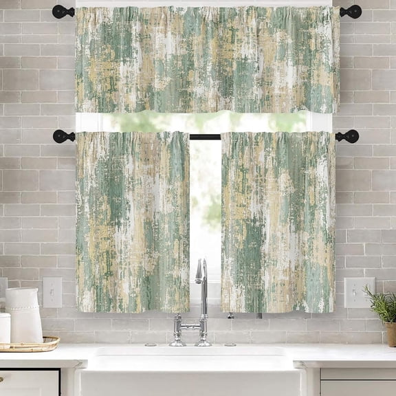 3Pc Distressed Abstract Kitchen Curtain Set 1 Valance 52x18inches And 2 Tiers 27x39 inches Window Drapes for Kitchen Farmhouse Decor