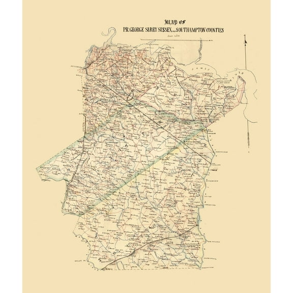 Historic County Map - Prince George Surrey Suffolk Counties Virginia - 1865 - 23 x 27.13 - Vintage Wall Art