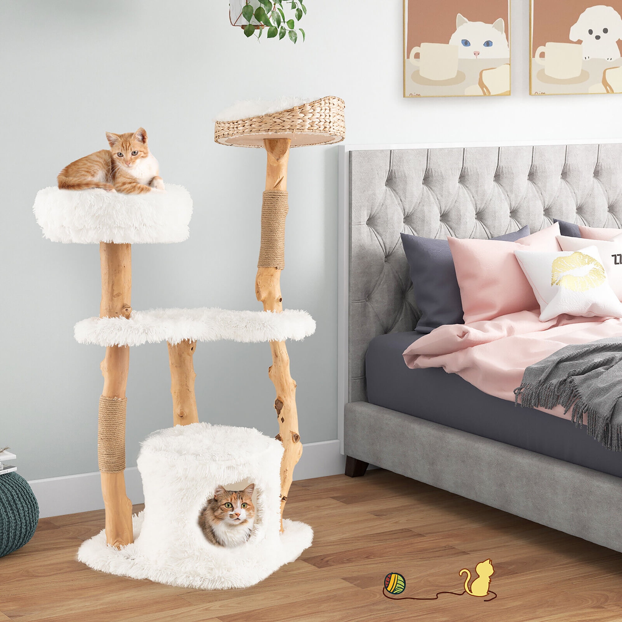 Gymax 49'' Tall Wooden Cat Tree Solid Wood Cat Tower with Jute Scratching Posts