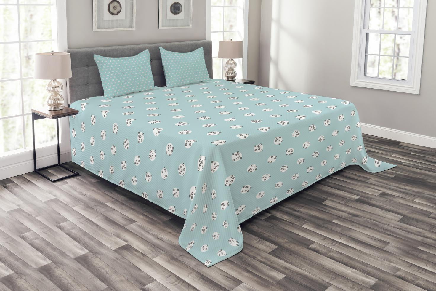 Pale Blue Bedspread Set, Geometric Image with Circles Rounds Inner