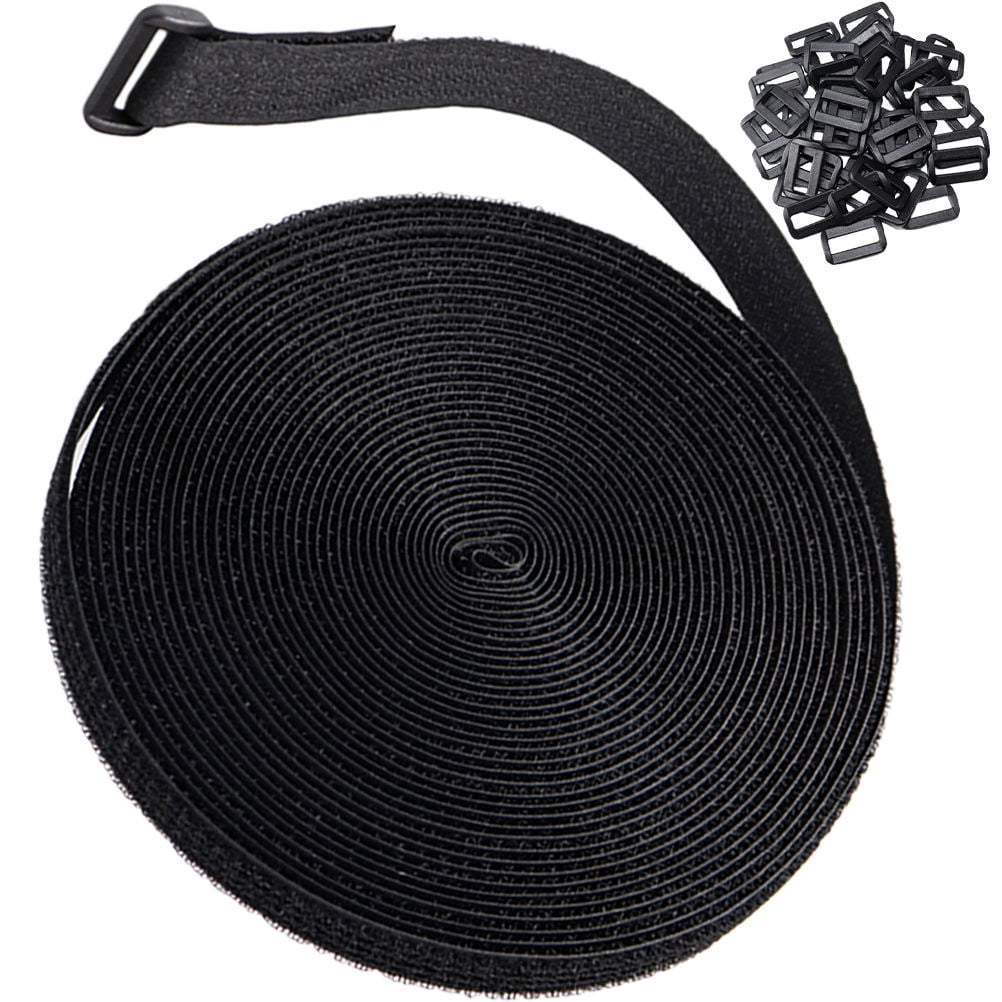 Tineasur 1Set Black Hook and Loop Securing Strap with Buckle for Cord and Wire Management