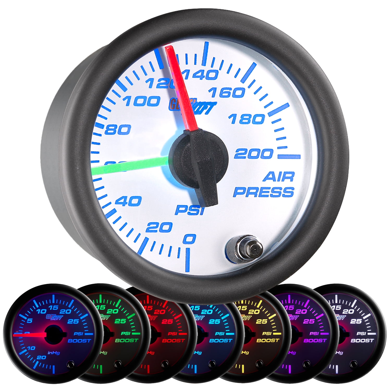 GlowShift White 7 Color Dual Needle Air Pressure Gauge