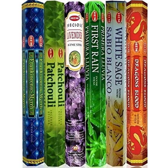 Six Most Popular Hem Incense Scents of All Time, 120 Sticks Total, 20 Sticks Each of Dragon's Blood, Frankincense & Myrrh, Patchouli, Precious Lavender, First Rain, and White Sage