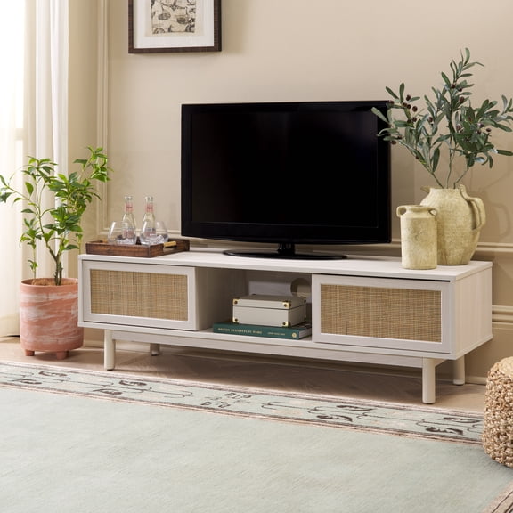 Safavieh Aino Mid-Century 2 Door Television Stand for TVs up to 61", Bleached White/Natural