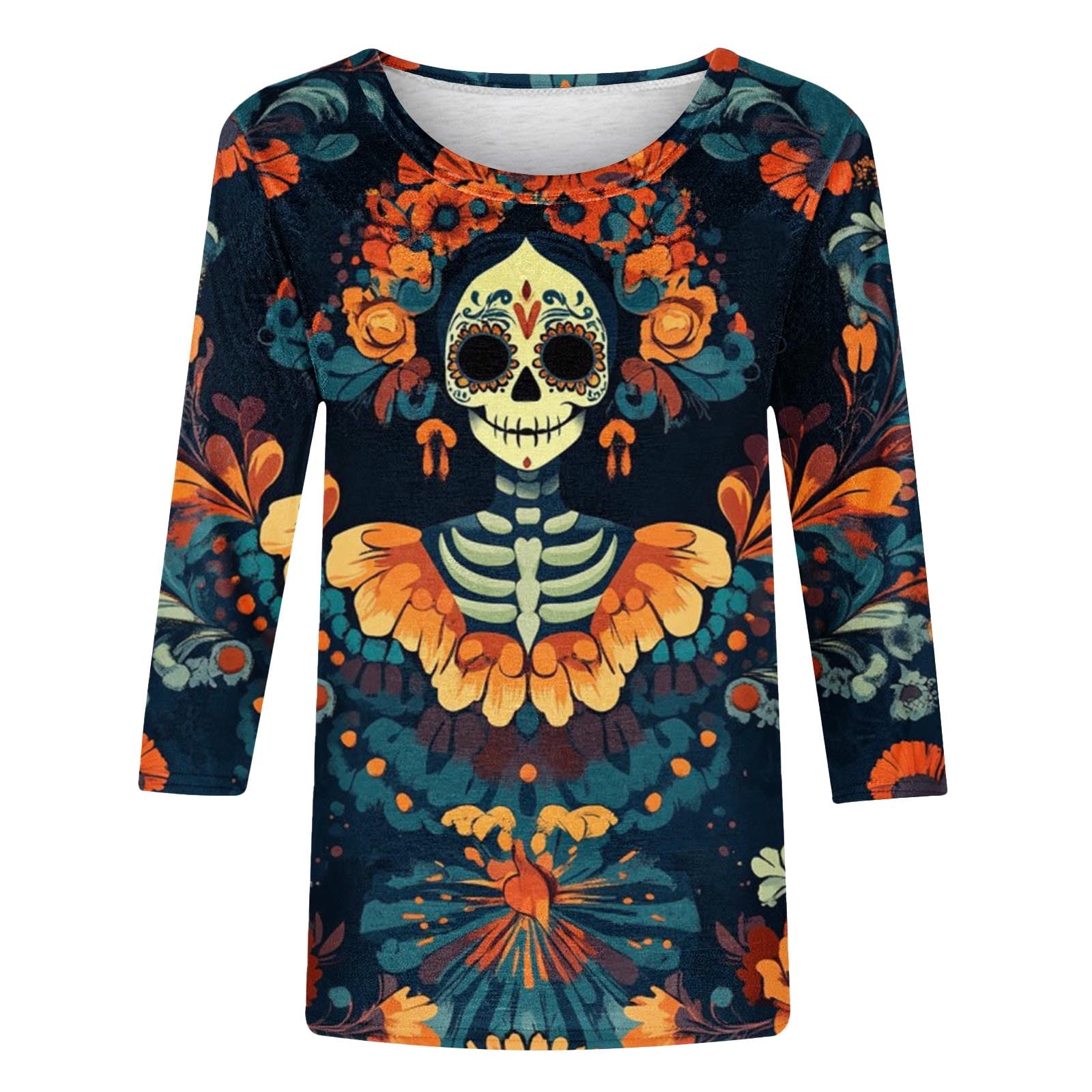 Women's Day of The Dead Print T-Shirt Crew Neck 3/4 Sleeve Loose Fit Mexican Skull Tee