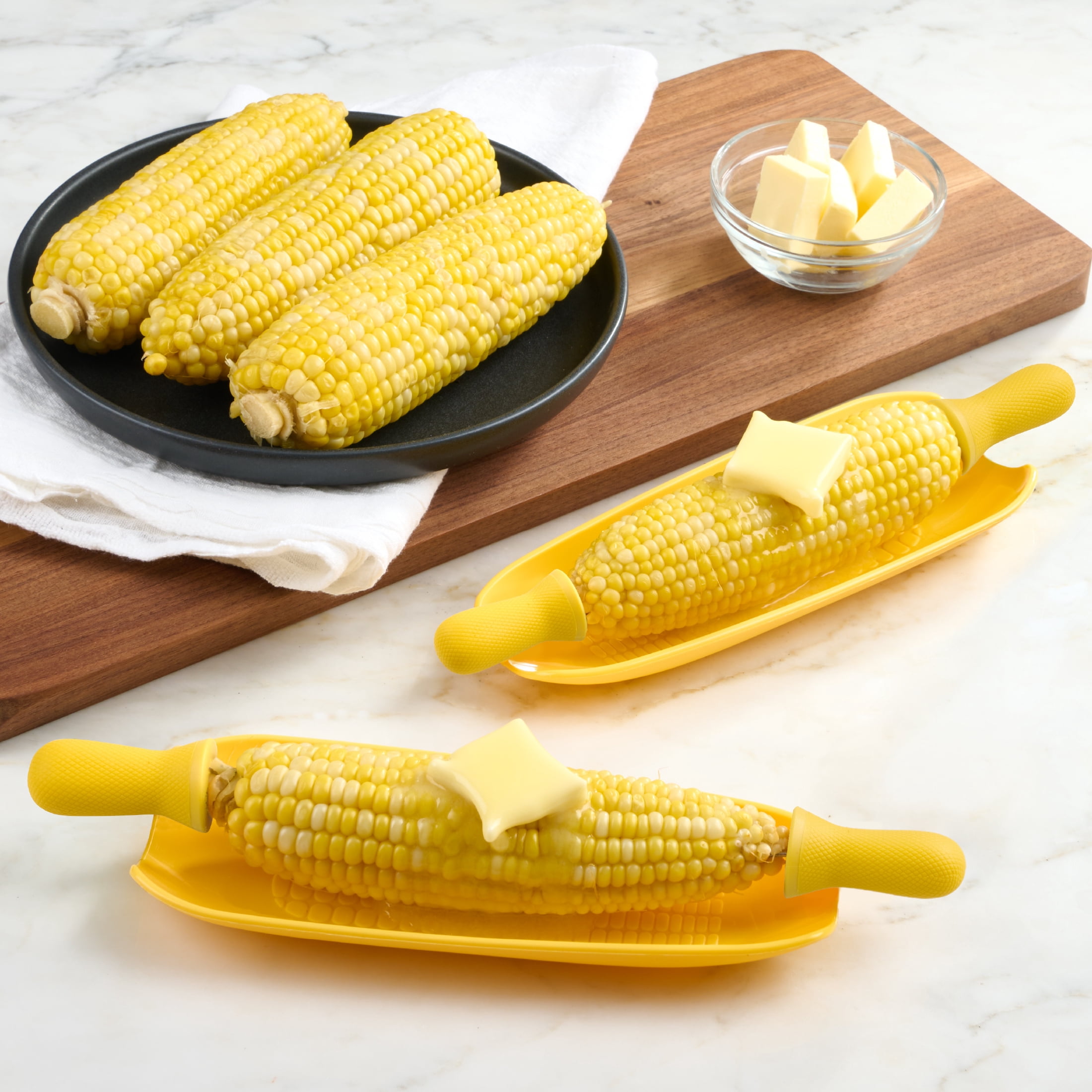 Mainstays 8-Piece Stainless Steel Interlocking Corn Skewer Set, Vibrant Yellow Handles