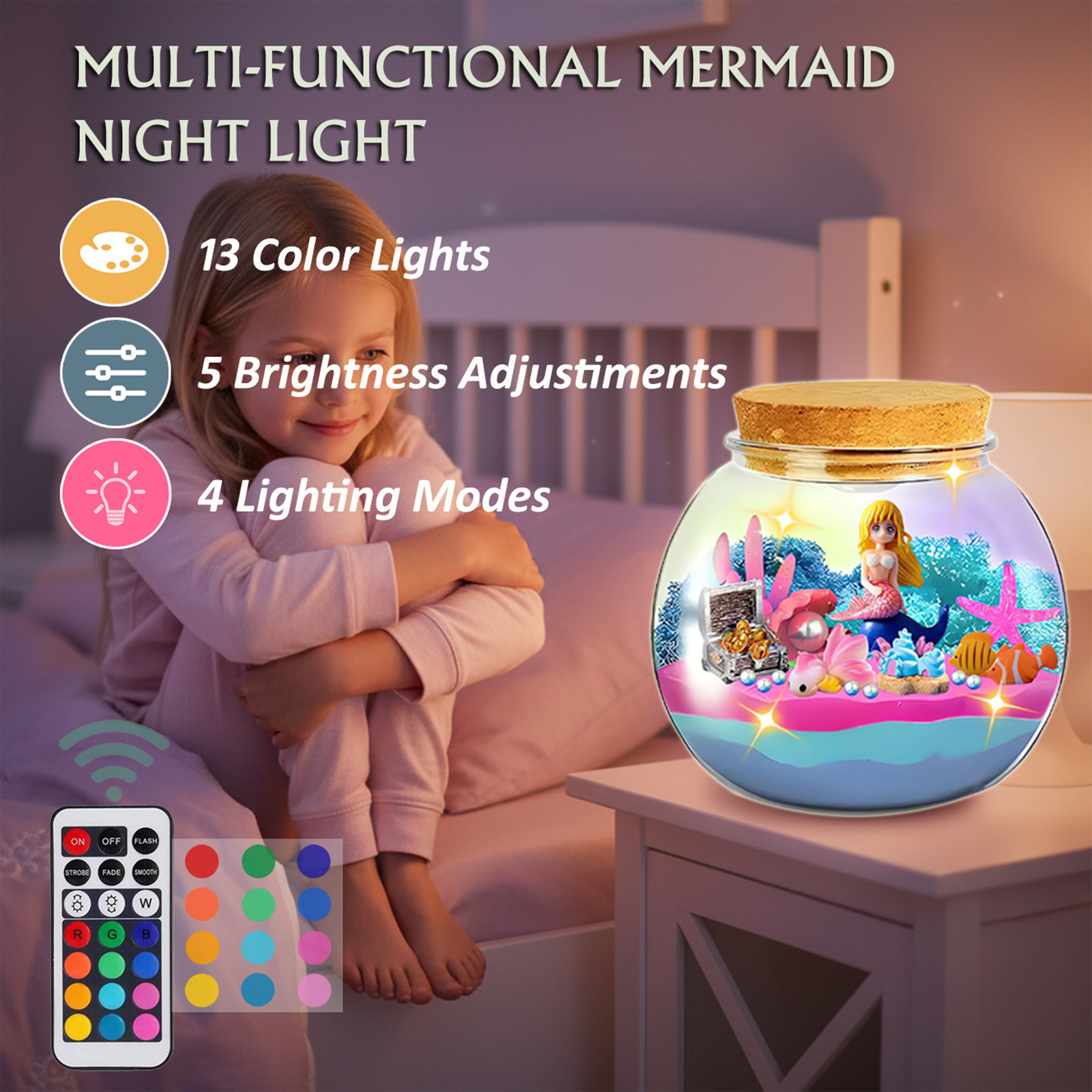 Mermaid Terrarium Craft Kit for Kids, 13 Colors LED Night Light with Remote, Creative Birthday Gift for Girls Age 3-12, DIY Your Own Ocean Theme Decor