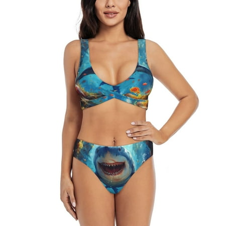 Zeuib Colorful Underwater Shark High Waisted Tummy Control Bikini Set - Knot Front Push Up Top & Cheeky Thong Bottom  Two-Piece Swimsuit for Women-XX-Large