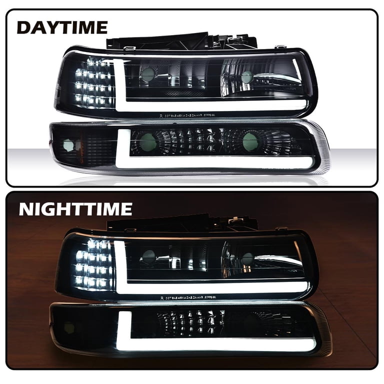LED DRL Bar Headlight & Bumper Lamp Assemblies For 1999-2002 Chevy Silverado & 2000-2006 Tahoe - Smoke Lens (Transmotor)