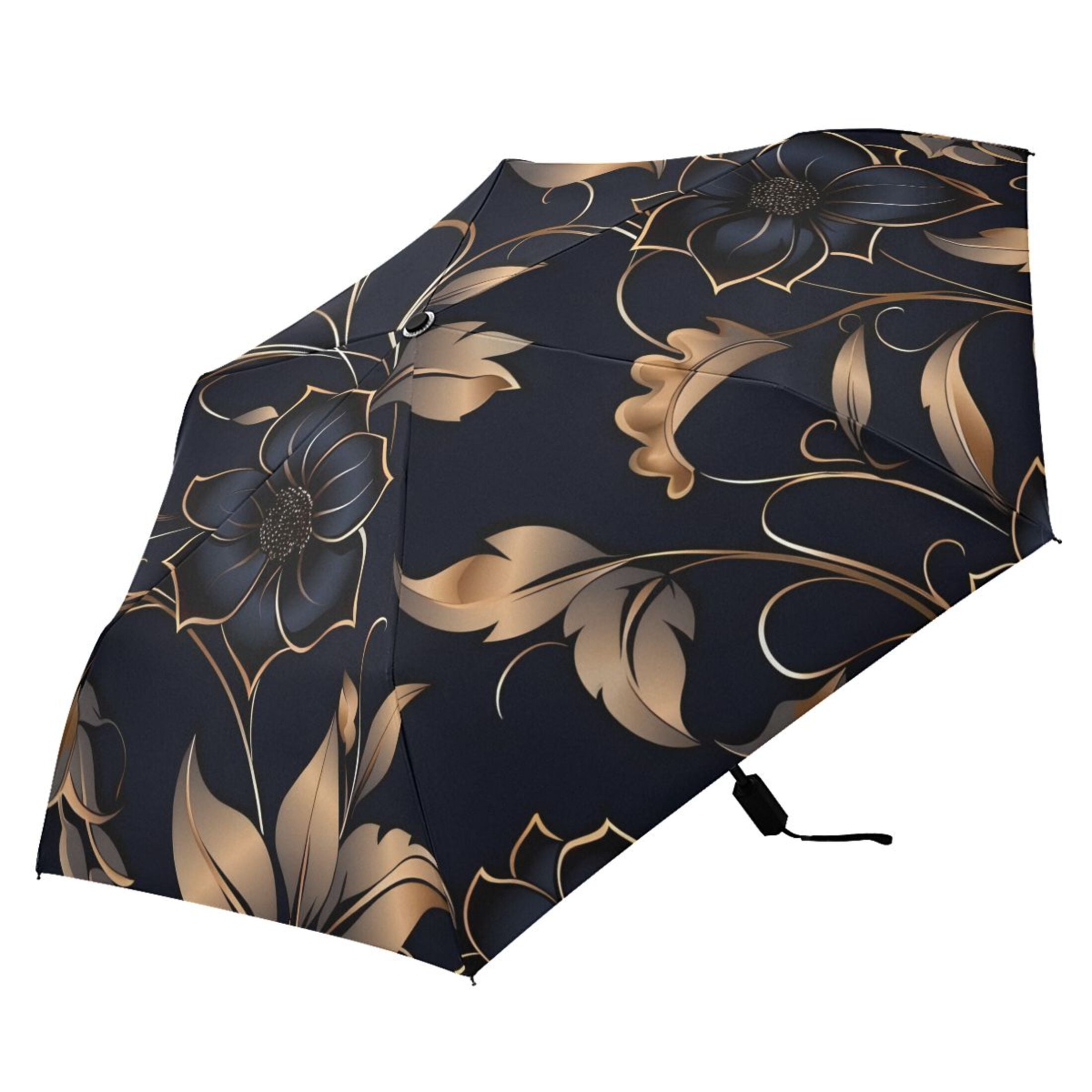 Gold Leaves and Elegant Flower Compact Sun Umbrella Windproof Travel Umbrellas for Rain Strong Portable UV Protection