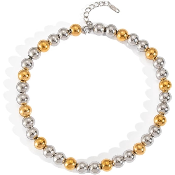 Kokoam Two-Tone Beaded Choker Necklace for Women Stainless Steel Chain Silver and Gold Ball Collarbone Necklace Fashion Jewelry