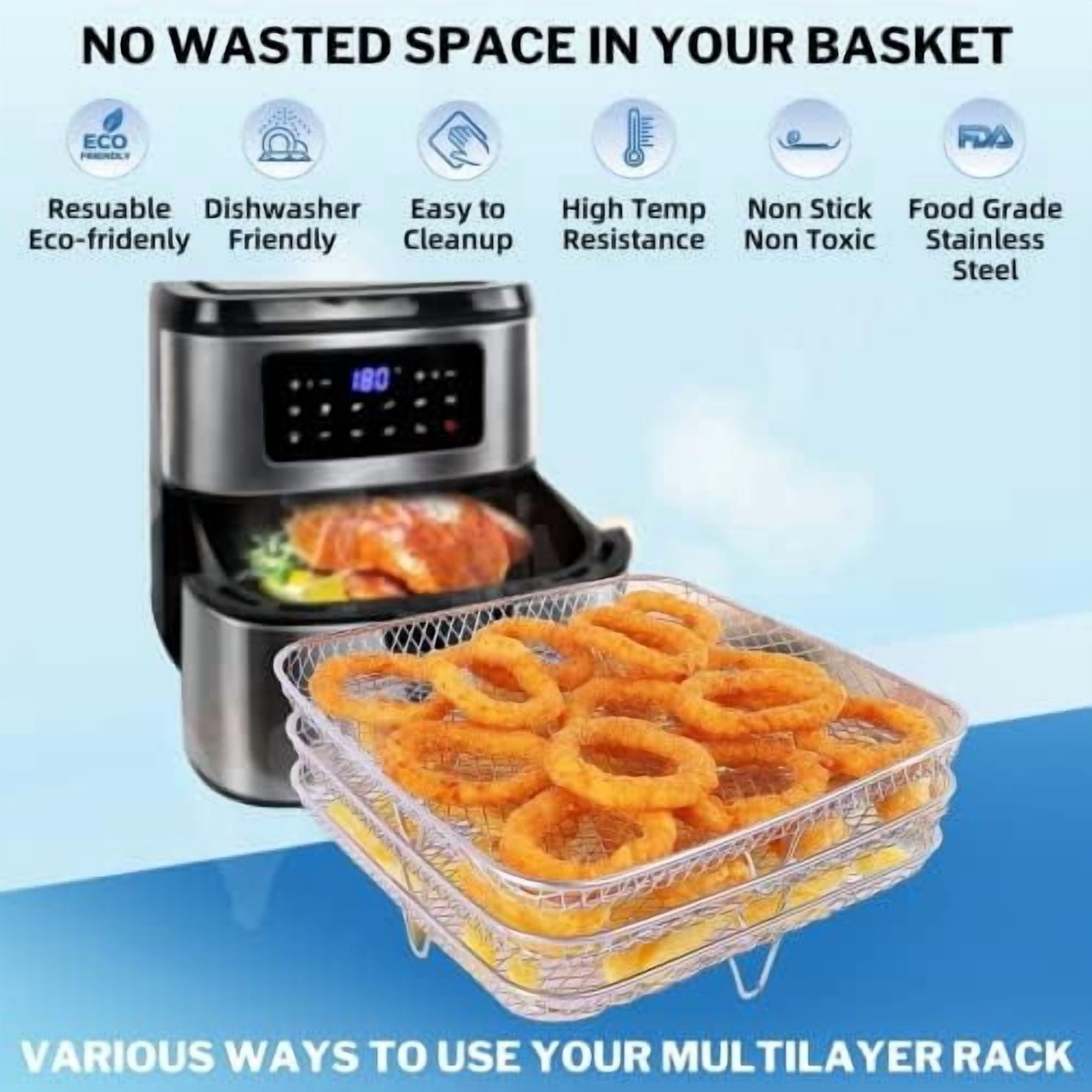 Air Fryer Accessories - 8" Square 3 Stackable Dehydrator Racks, 304 Stainless Steel, Fits 5.8 QT Air Fryer, Oven, Compatible with Cosori, Instant Vortex, Nuwave, Ninja Foodi Grill
