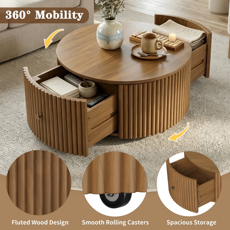 30.3'' Round Fluted Design Coffee Table with Rolling Casters & Dual Hidden Storage Drawers, Drum Base Center Cocktail Table