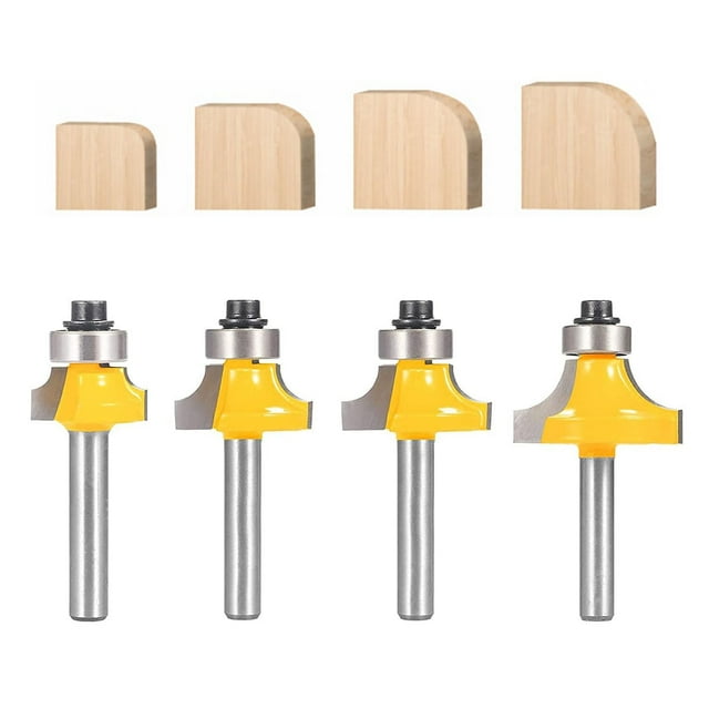 Juego de brocas para enrutador, juego de brocas para enrutador de 4 piezas, vástago de 1/4 de pulgada, radio de 1/8", 1/4", 3/16", 5/16", guía de rodamiento para broca de borde redondeado