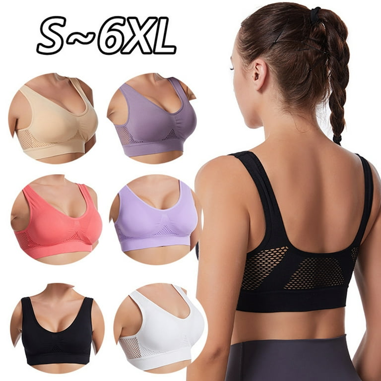rygai U-Neck Wide Shoulder Strap High Elasticity Shockproof Sports Bra  Women Hollow Mesh Back Yoga Vest Bra,Skin Color,4XL 