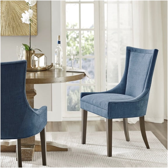 Set of 2 Blue Upholstered Dining Chairs, High Back Traditional Side Chairs with Grey Wood Legs