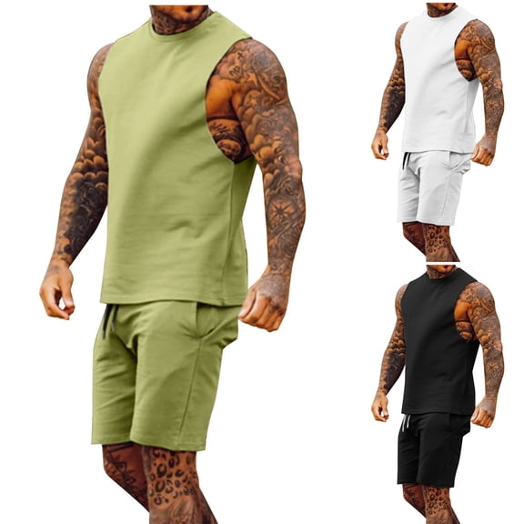 Men's Sports Set Two Piece Outfits European Style Split Solid Color Muscle Tank Top and Shorts Casual Daily Gym Workout Fitness Training | AESTIVO,Army Green L