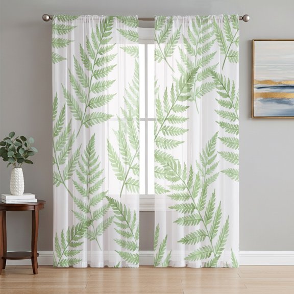Green Ferns Sheer Curtains 84 Inch Length 2 Panels Set, Spring Summer Botanical Leaves Voile Window Treatment Rod Pocket Curtains Sheers Drapes for Bedroom/Living Room/Kitchen 52"x84"x2