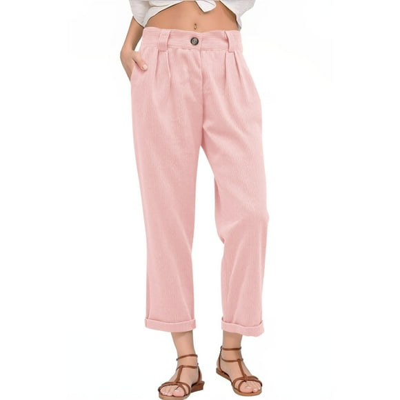 UAMVSH Corduroy Pants for Women Comfy Straight Leg Work Pants with Pockets Soft Winter Warm Fleece Business Drawstring Slacks Trousers(Small,Pink)