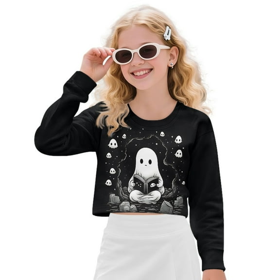Xoenoiee Ghost Book Print Girls Crop Tops Oversized Crewneck Long Sleeve Sweatshirts Kids Fashion Drop Shoulder Pullover, 5-6 Years
