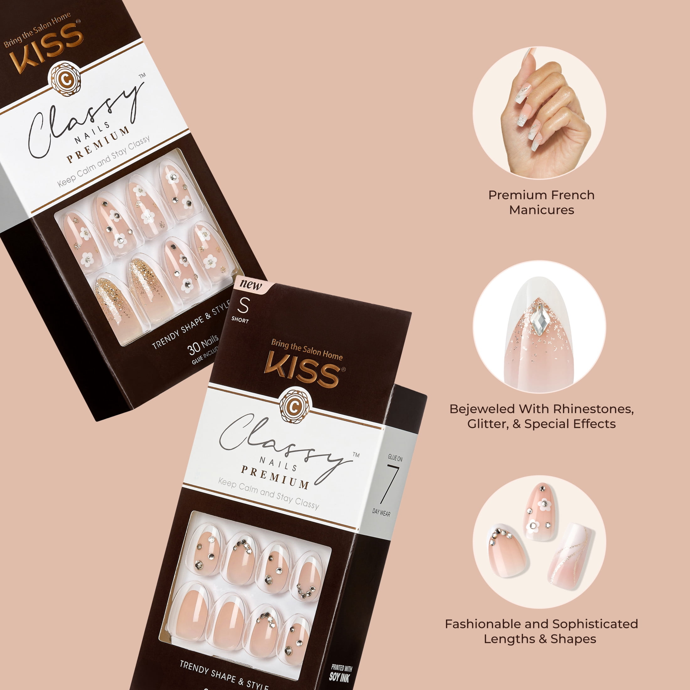 KISS Classy Premium, Press On Nails, Croissant City, White, Medium Almond, 30 Count