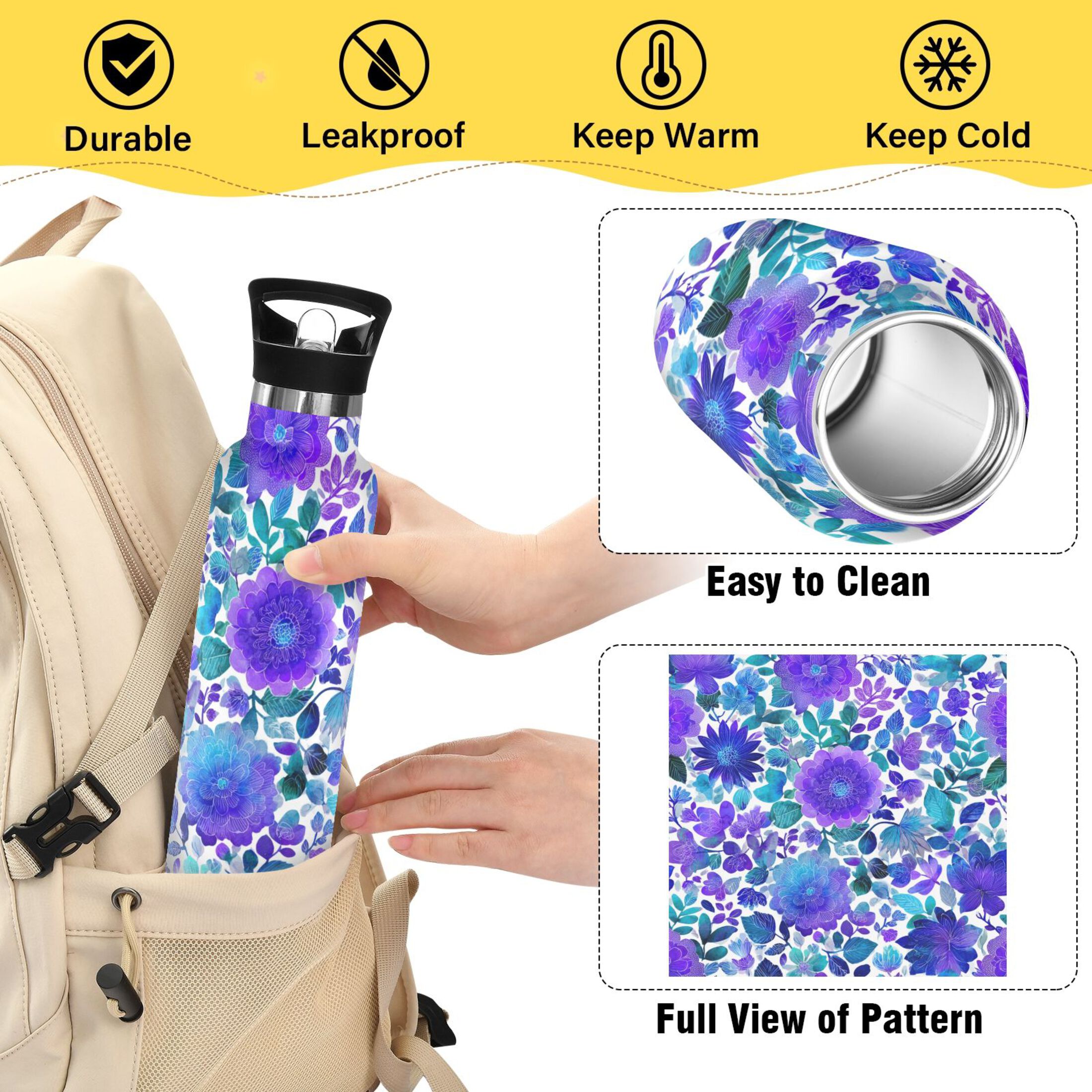 600ML Stainless Steel Insulated Cup Sports Water Bottle Portable Thermos Cup Water Glasses Insulated Tumblers Convenient and Durable Blue Watercolor Leaves