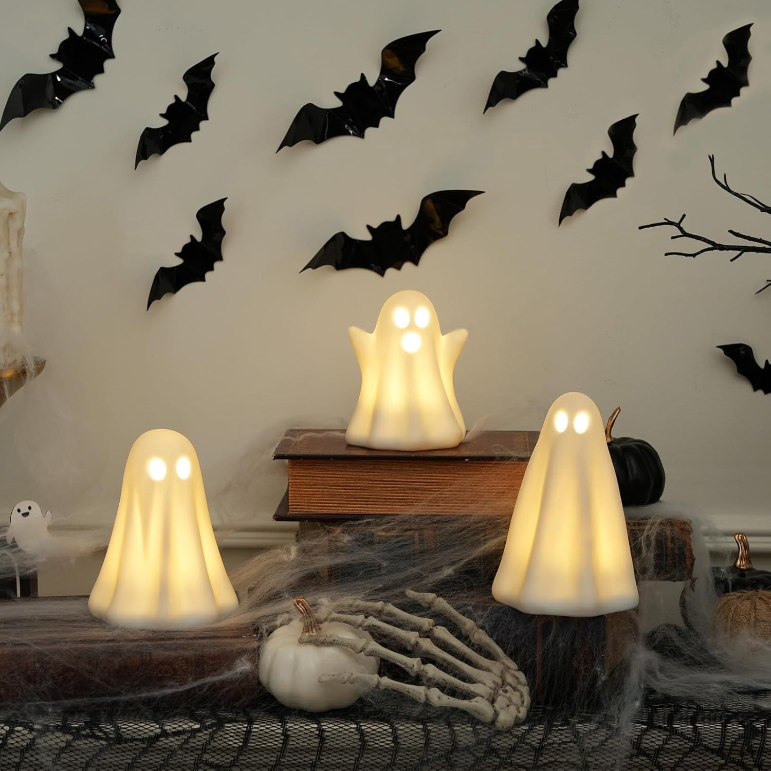 Light Up Ceramic Ghost Decorations with Timer for Halloween Indoor Display