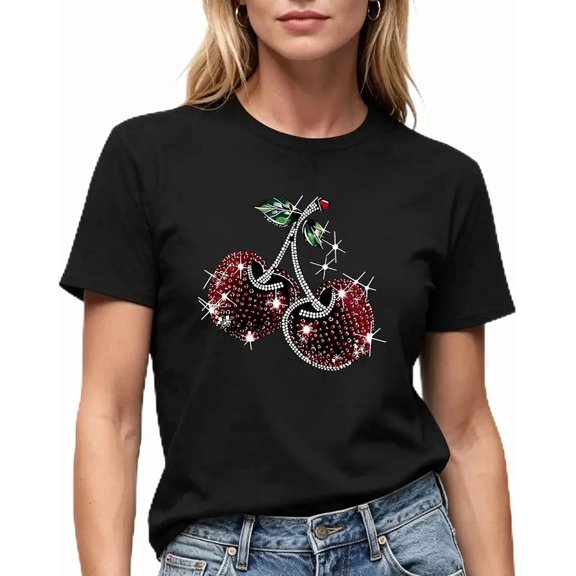 Paekabao Home Women's Black T-Shirt with Rhinestone Cherry Graphic, Sparkly Fruit Design, Short Sleeve, Casual Style