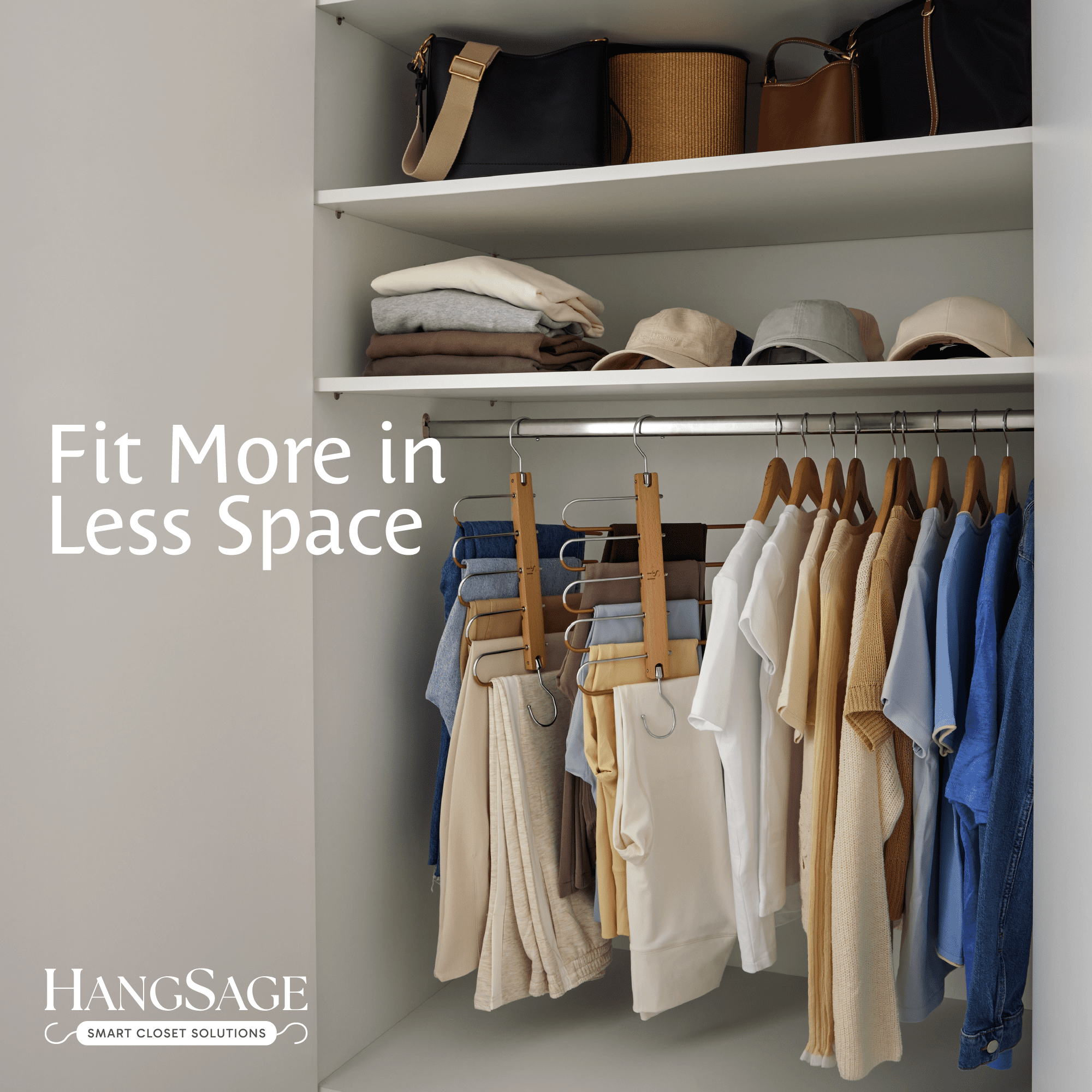 HANGSAGE Pants Hangers, 2-Pack Space-Saving Beechwood & Metal Jean Holder, 5-Tiers, 360° Swivel Hook & Non-Slip Rods, Elegant Closet Organizer