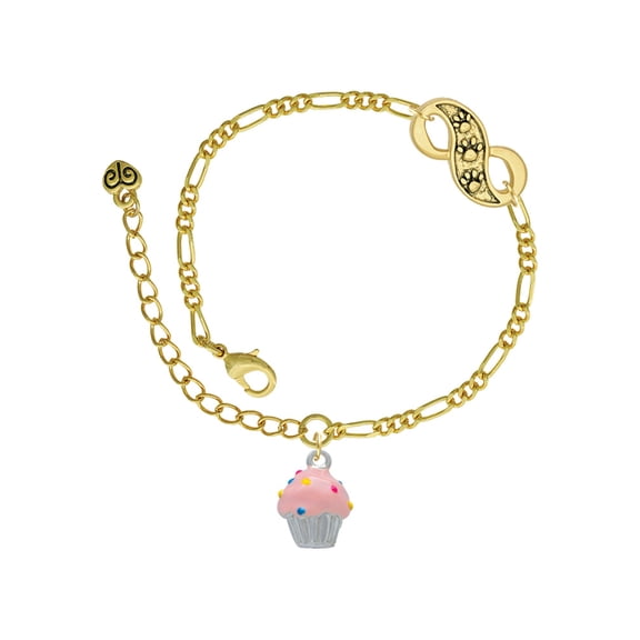 Delight Jewelry Silvertone 3-D Pink Cupcake with Sprinkles Gold-tone Paw Infinity Link Chain Bracelet, 6" 2" Extender
