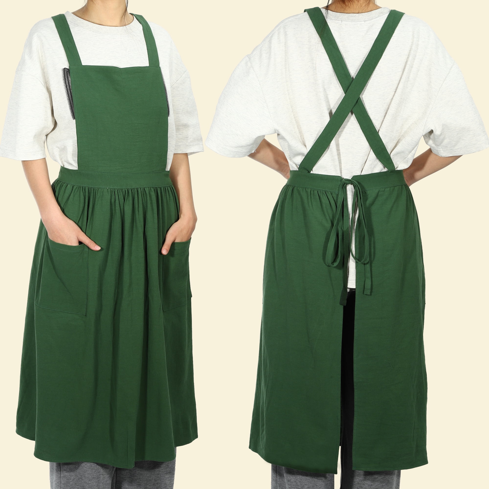 Unique Bargains Cotton Linen Cross Back Apron with Pockets Green