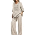 thumbnail image 3 of Womens 2 Piece Outfits 3/4 Sleeve Cotton Linen Embroidered Shirts Wide Leg Capri Pants with Pockets Matching Sets, 3 of 6