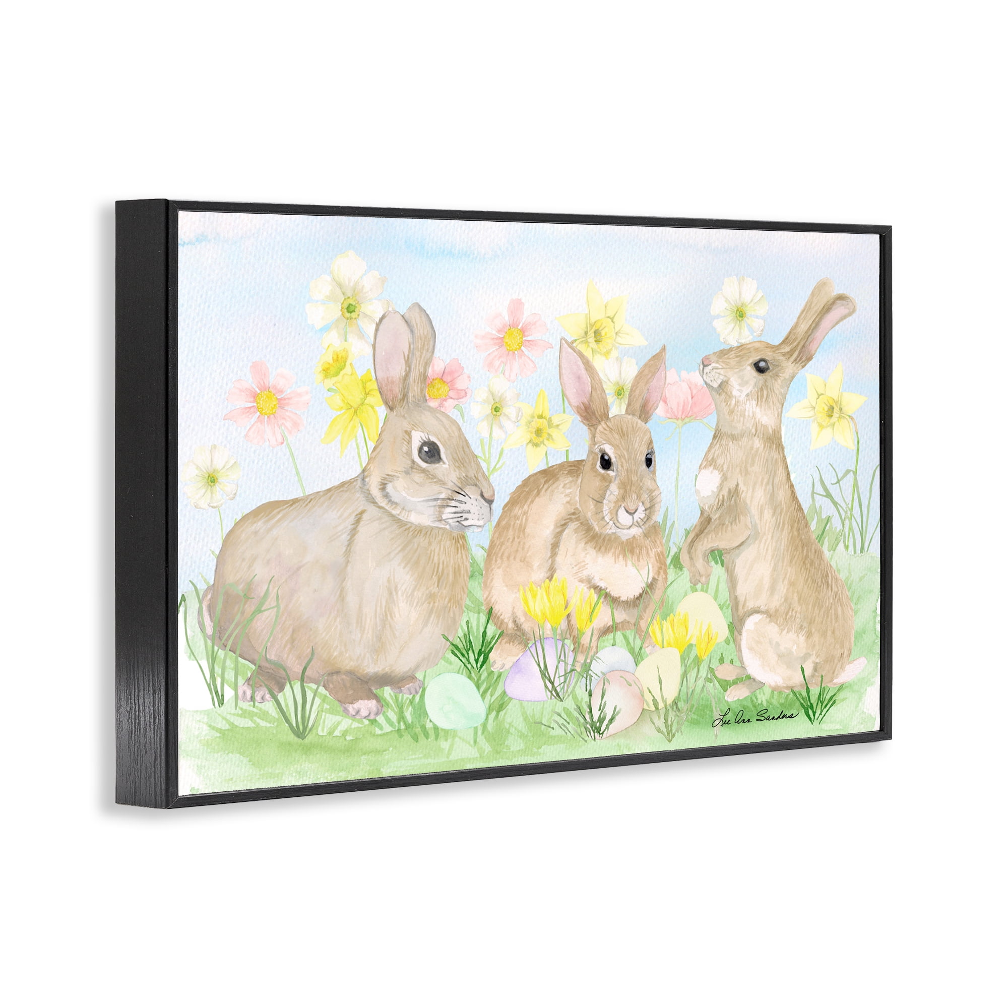 Three Bunnies In The Grass Black Framed Giclee Art, design by Lee Ann Sanders