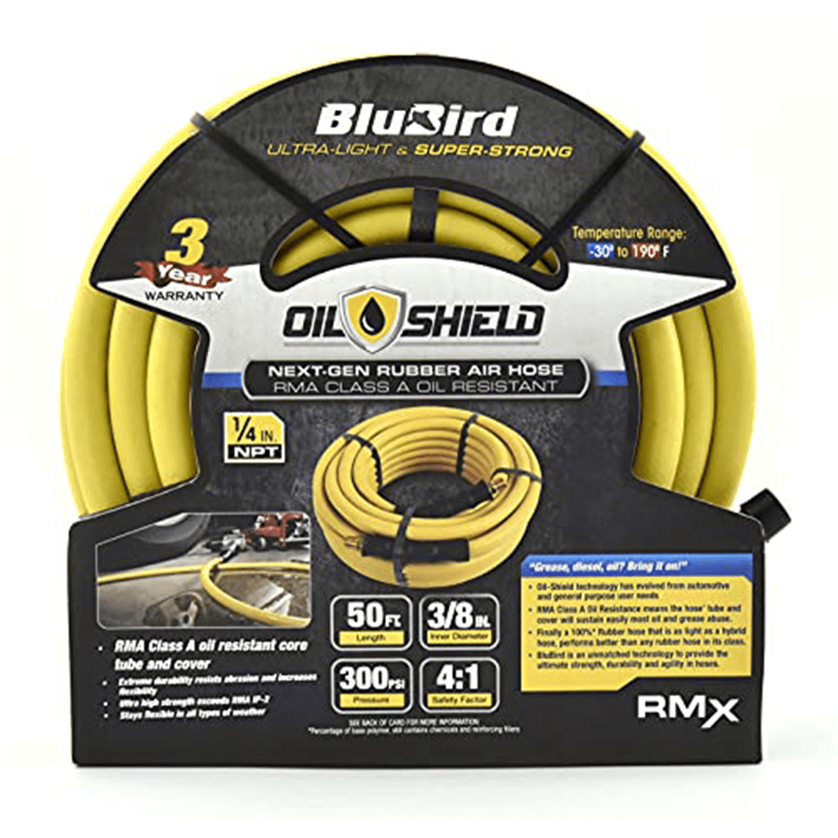 OIL SHIELD OS3850 3/8" x 50' Class A Rubber Air Hose, -50F to 200F, 1200PSI Burst Pressure, Grease and Oil Resistant, Retards Fire-sparks, Brass Fittings, 4 Finger-grip Bend Restrictor